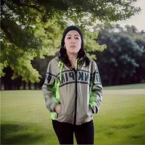 PINK Victoria's Secret Varsity Jacket - Gray and Neon Green